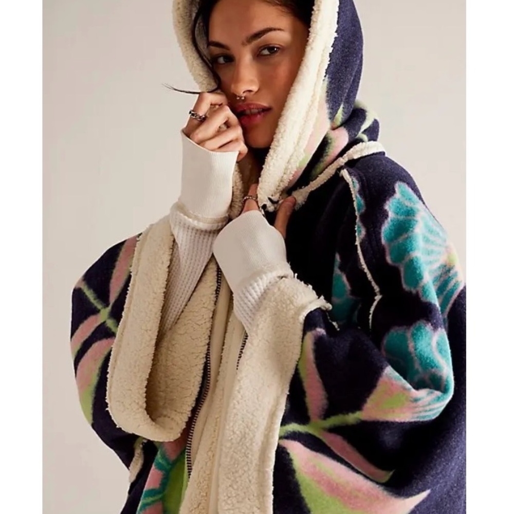 Free People Navy Floral Hooded Coat - image 2